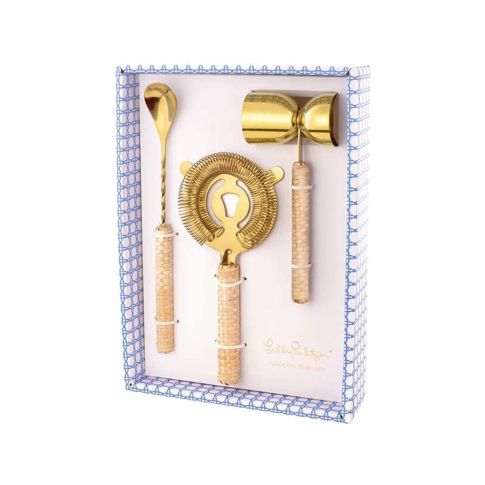 NEW Lilly Pulitzer Cocktail Tool Set - Gold & Caning